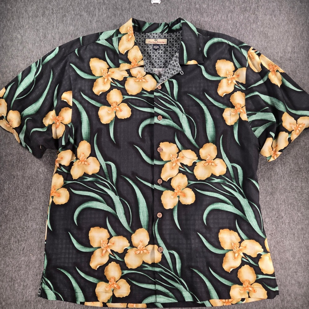 Tommy Bahama Shirt Mens Large Black Silk Floral Hawaiian Camp Short Sleeve